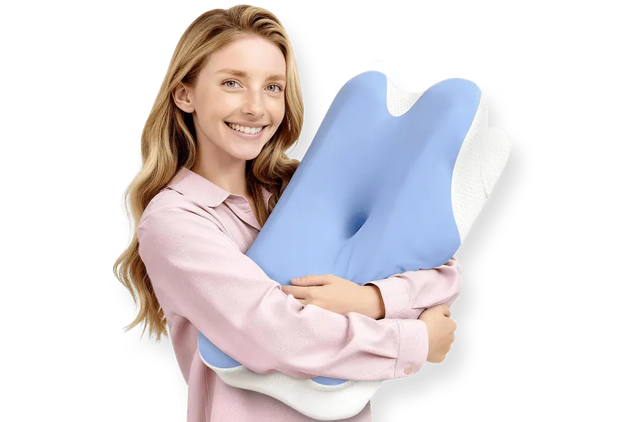 Woman sleeping comfortably on the Melara Max butterfly-contour pillow